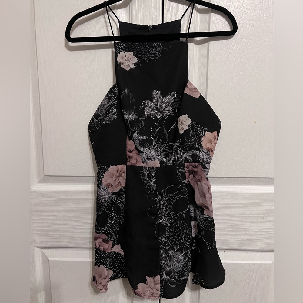 KEEPSAKE Black FLORAL Poly Crepe HIGH-NECK Sleeveless SEXY BACK Dressy Romper S - Picture 3 of 9